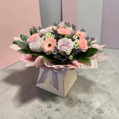 Candy pastel - Stunning box arrangement made in shades of candy pastels, arranged in floral foam for easy care