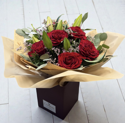 Velvet Hearts and lillys - Deluxe Red roses and white lillies